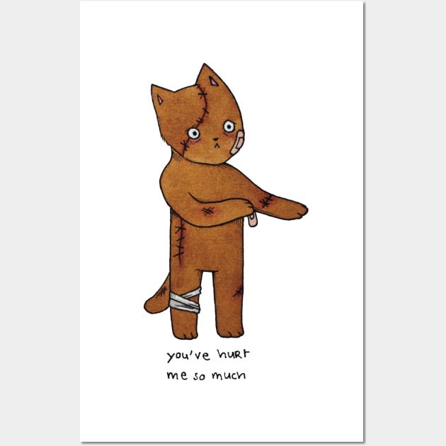 You've hurt me so much sad cat band aid scar illustration watercolor Wall Art by maoudraw